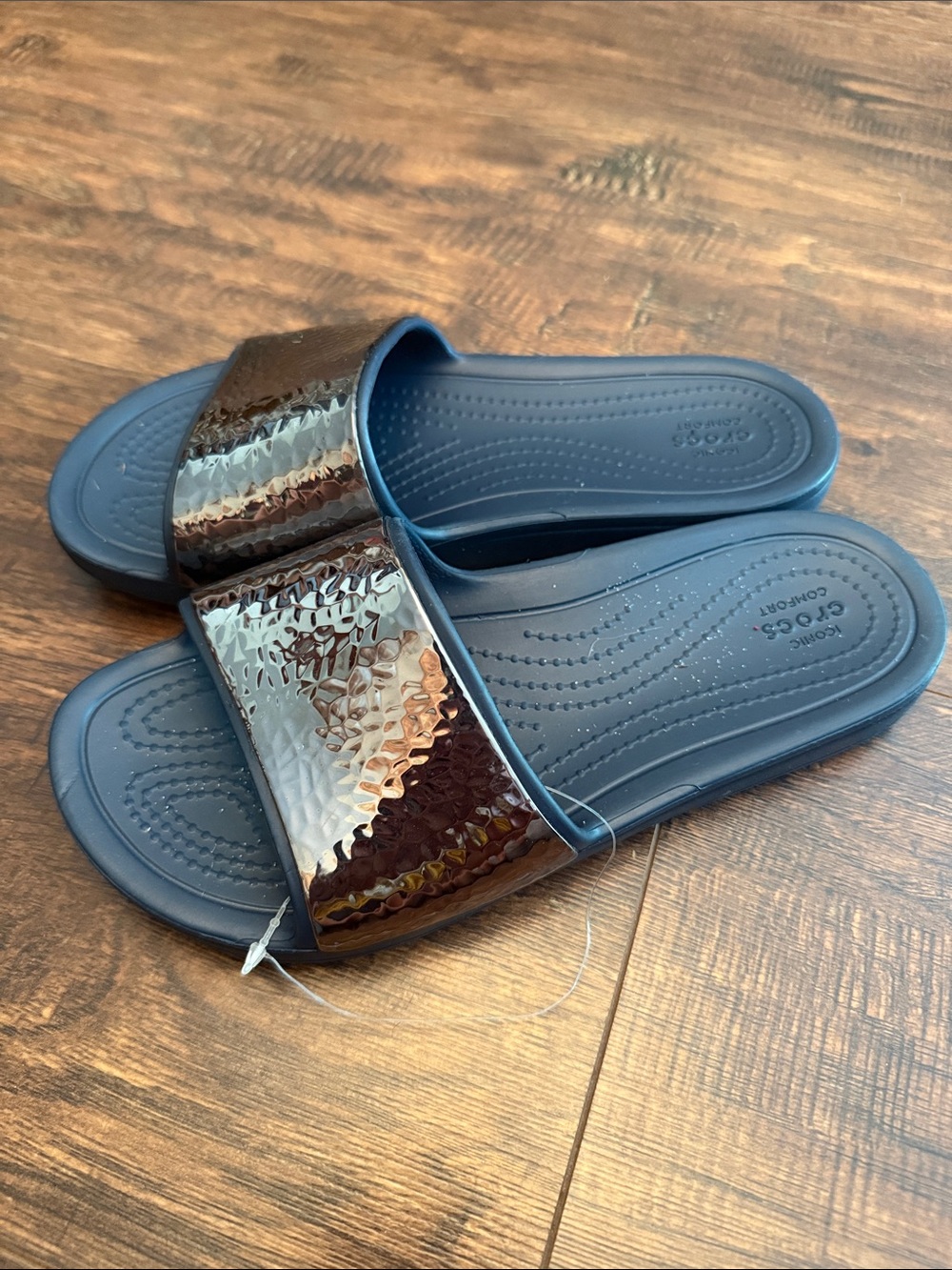 CROCS Navy Slide Sandals with Metallic Bronze Strap